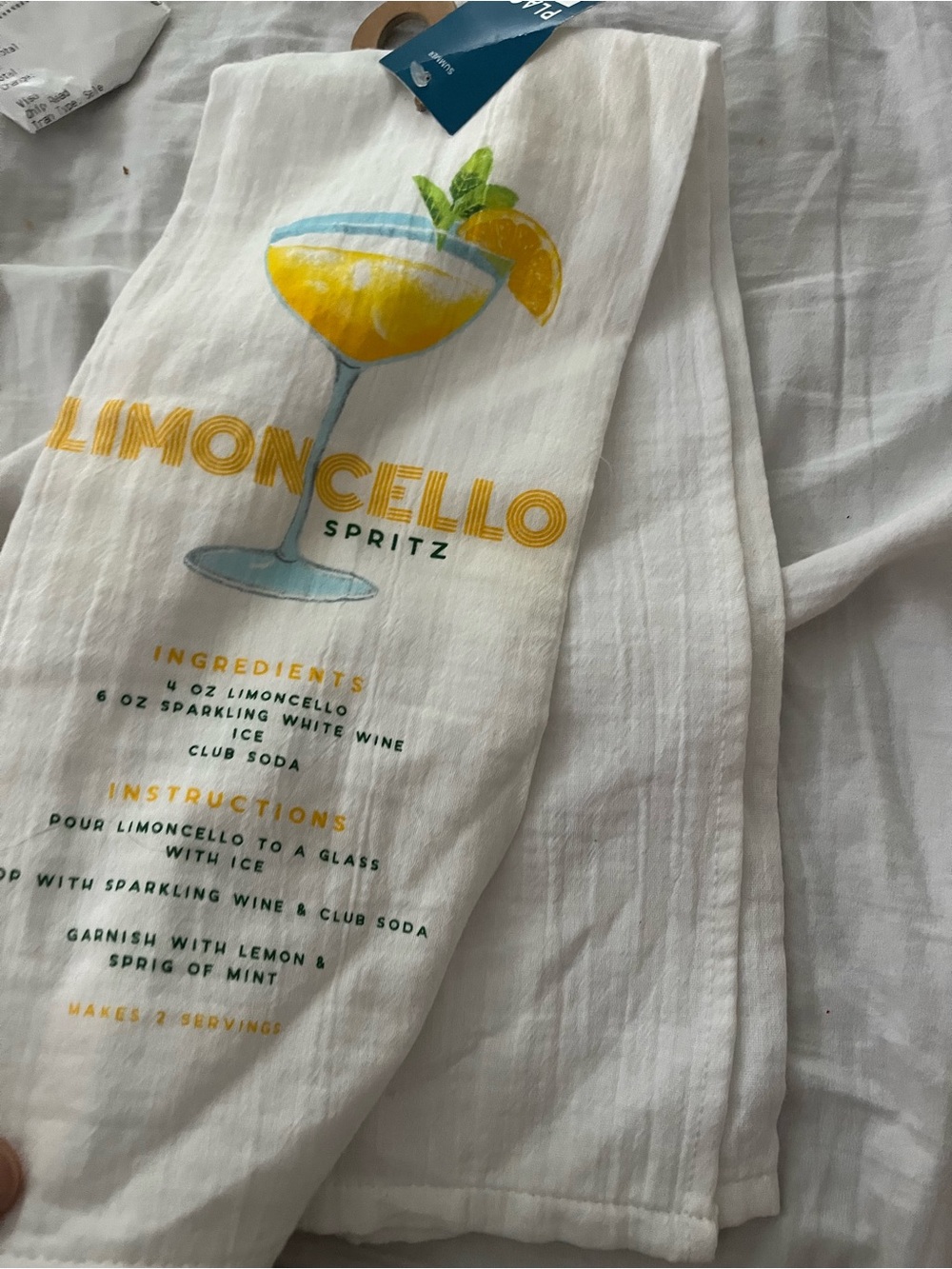 Limoncello Spritz Tea Towel - White with Yellow & Aqua Print - Picture 6 of 6